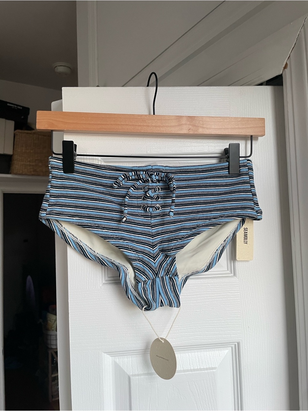 Blue Striped Lace Up Cheeky Boyshorts Bikini Bottom